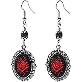 Gothic Rose Flower Cameo Earrings Vintage Punk Thorn Rose Dangle Drop Earrings Victoria Earring Red Black Roses Bat Earrings Goth Earring Dark Satan Demon Earring Halloween Party Jewelry for Women