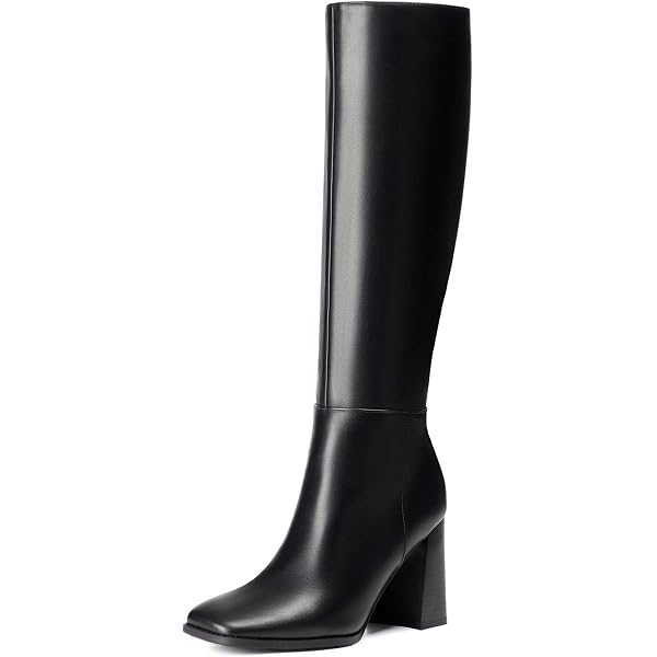 QIY Women's Knee High Boots - Faux Leather Chunky Heel Round Toe Side Zipper Tall Boots - View #9