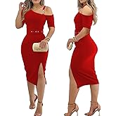 Ninimour Women Sexy One Shoulder Bodycon Dress Short Sleeve Homecoming Dress Belted Side Slit Party Cocktail Dresses