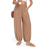 TARSE Womens Linen Wide Leg Pants Casual Loose Elastic Waisted Barrel Beach Palazzo Pants with Pockets
