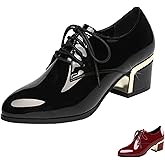 Women's Patent Leather Shiny Chunky Heel Oxfords Classic Comfortable Pointed Toe Lace Up Block Heel Business Dress Pump for Work Office Date