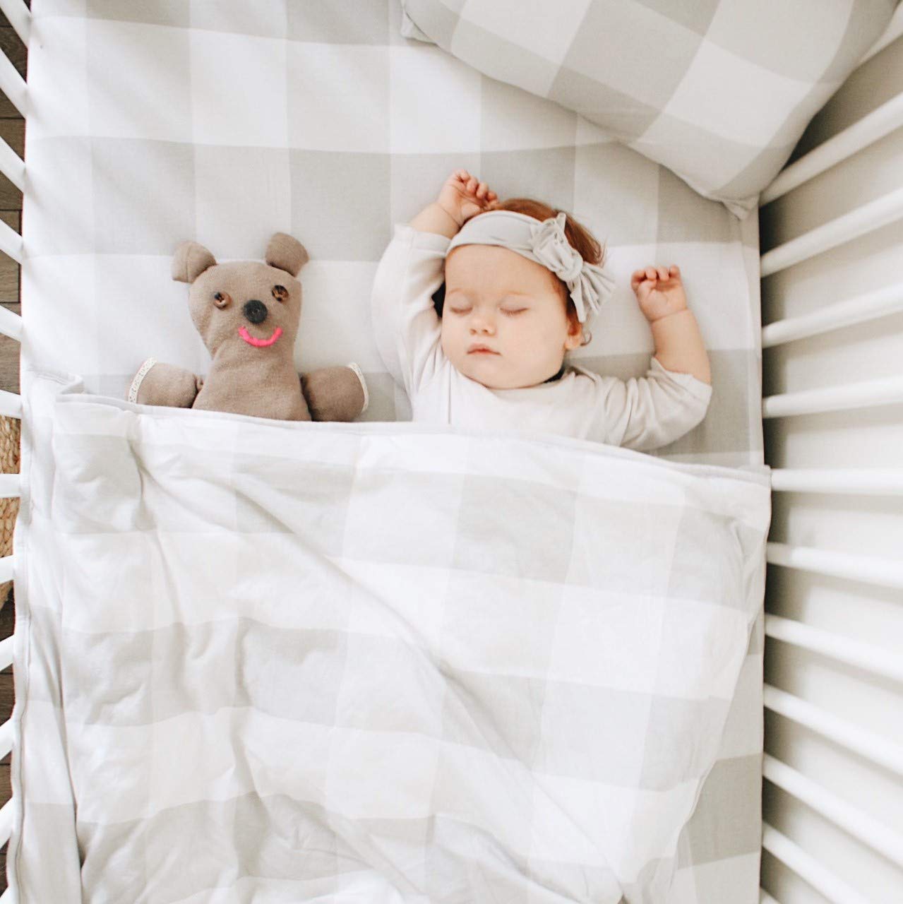 Ely's & Co. Baby Crib Set 4 piece, Crib Sheet,Quilted Blanket, Crib Skirt & Baby Pillow Case - Gingham Design (Grey)
