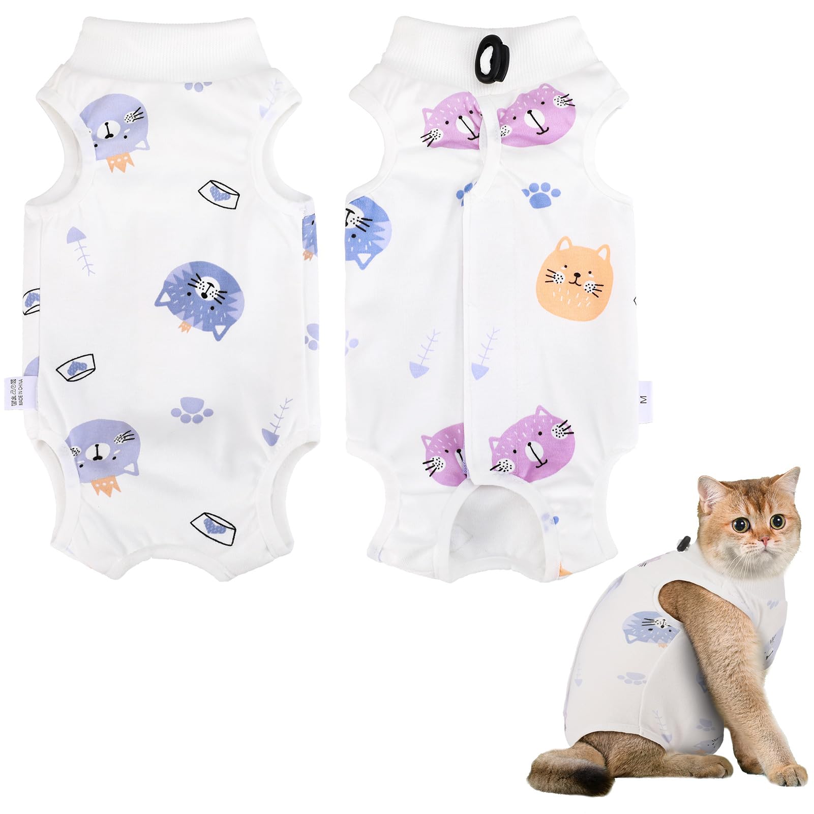 Invalidism Cat Surgery Recovery Suit Cats Post Surgical Recovery Suit Kitten Onesie Bodysuit Anti-licking Cats Vest Wound Protector Clothes,Elizabethan Collar&Cone Alternative(M/Colorful Cat)