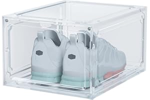 HIYOHIYO Size 14 Shoe Boxes Clear Plastic Stackable, Sneaker Containers Magnetic Shoes Storage Box Foldable Drop Front Organi