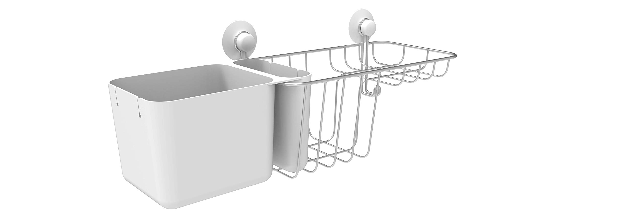 Large Stainless Steel and ABS Shower Basket - 3 Storage Compartments / 1 Soap Dish / 1 Hook / 2 Suction Cups Included - Metal/White - 35 x 16 x 18 cm
