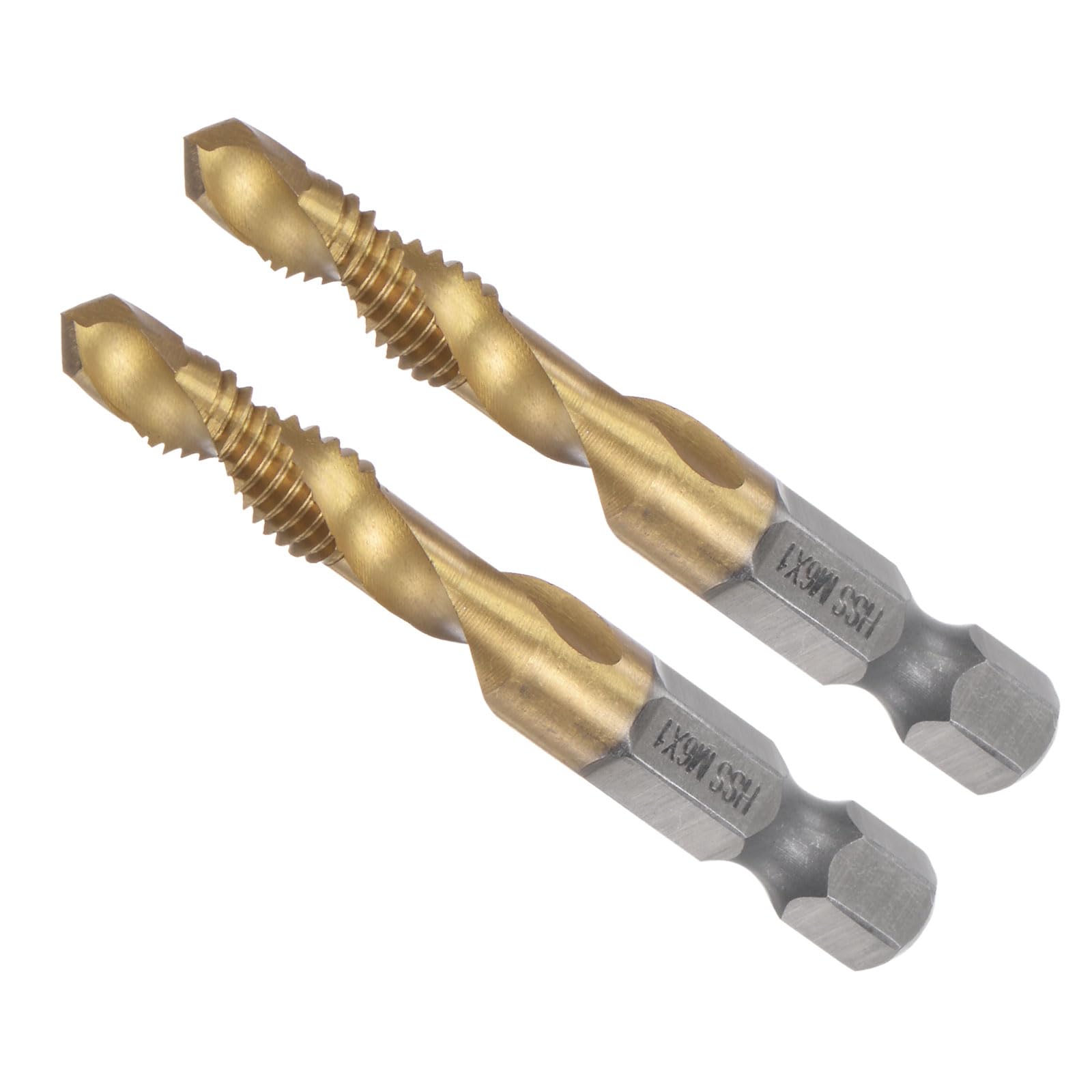 CoCud Combination Drill and Tap Bit, M6 x 1 Thread Size 1/4" Hex Shank, 4341 Titanium Coated High Speed Steel Tools - (Applications: for Aluminum Stainless Steel Plastic), 2-Pieces