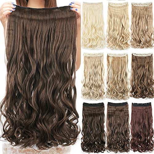 IMISSU Long Natural Thick Hair Curly Clip in on Synthetic Hair Extensions Hairpieces for Women (28 Inch,Mixed Brown)