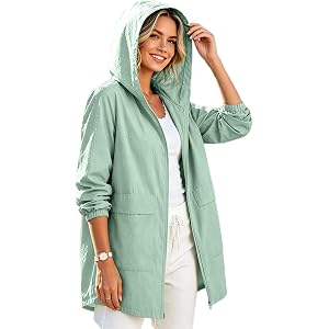 FOCLMP Womens Fall Lightweight Rain Jacket Waterproof Raincoat with Hood | Womens Rain Coats Light Weight Windbreaker Zip up