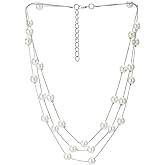 Long Statement Necklace, White Faux Pearl Layered Necklace, Three-Strand Chains with Beads, Elegant Dress