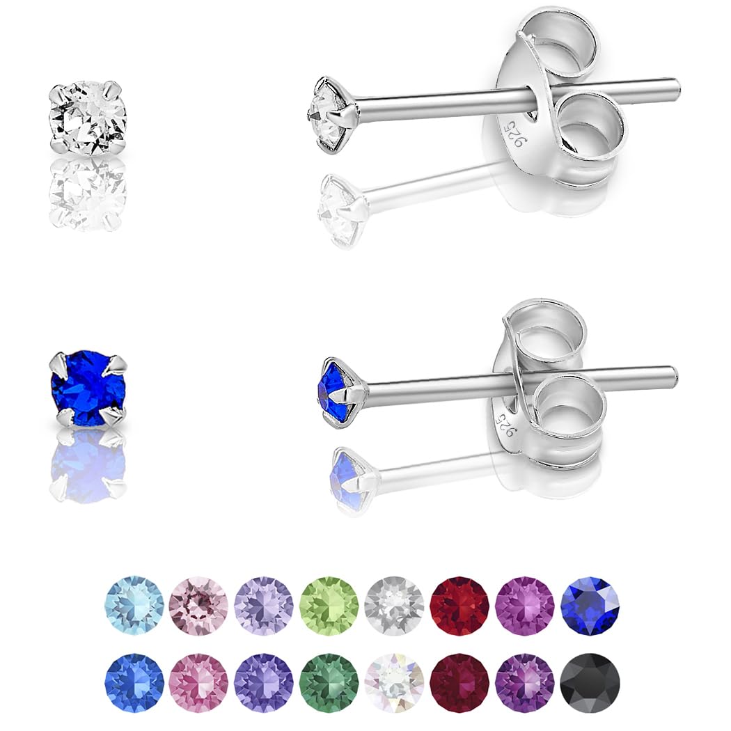 DTPSilver - Set of 2 PAIRS of 925 Sterling Silver Round TINY Stud Earrings made with Glittering Crystals from Swarovski® Elements - Diameter: 2 mm - Colour : Majectic Blue