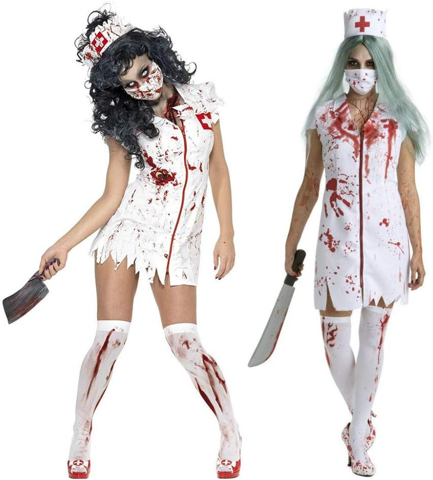 LOTONJT Curves Zombie Nurse Plus Size Womens Bloody Halloween Costume Sexy Halloween Zombie Bloody Nurse Dress Costume (Small)