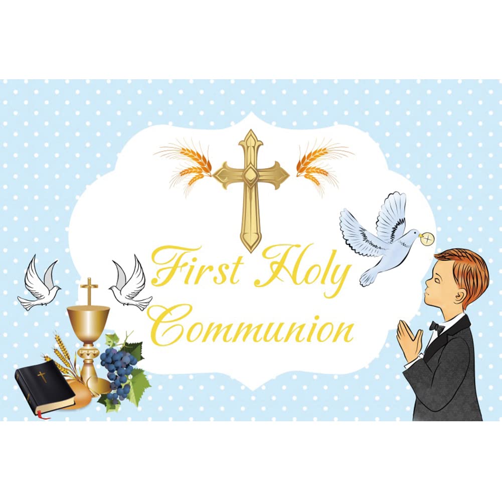Renaiss 8x6ft Boy First Holy Communion Backdrop God Bless Baptism Party Decoration Newborn Baby Shower Christening Party Birthday Photography Background Cake Table FavorsSupplies Photo Props