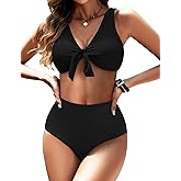 Zojuyozio Womens High Waisted Bikini Set Knot Front Two Piece Swimsuit V Neck Bathing Suit Swimwear