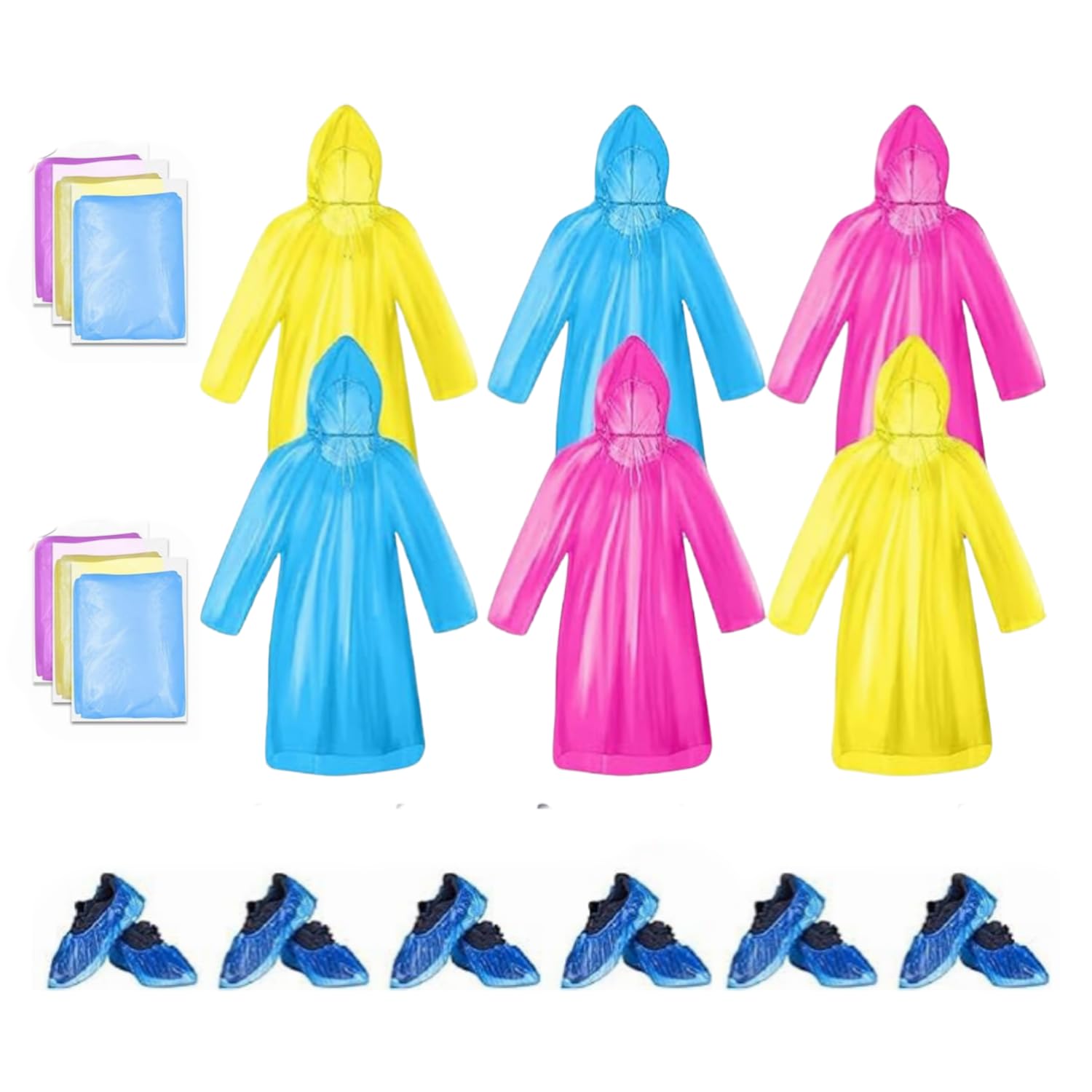 6 Pack Emergency Waterproof Poncho with Drawstring Hoods and Shoe Covers Transparent Lightweight Rain Coats for Travel Hiking Camping Cycling & Outdoor Activities