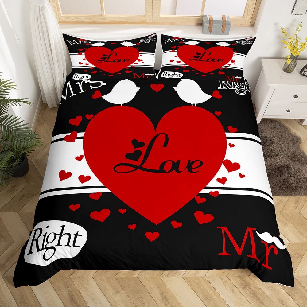 Loussiesd Mr Mrs Bedding Set Couple His and Her Comforter Cover Love Men Women King and Queen Duvet Cover Red Black White Creative Valentine Day Gift Bedspread Cover Double Size — image 1