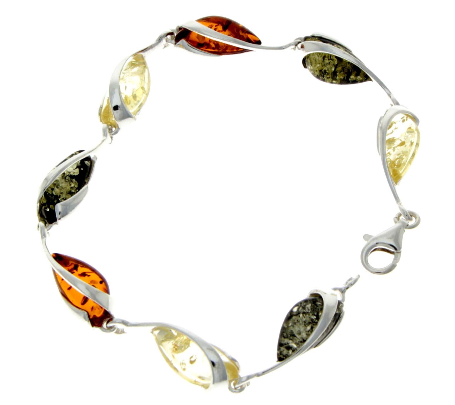 Modern Designer 925 Sterling Silver 19.5 cm Link Bracelet set with Genuine Multicoloured (Mixed) Baltic Amber Gemstones - GL501M2