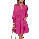 Imily Bela Womens Fall Long Sleeve Tunic Dress Casual V Neck Loose Ruffle Tiered Dress