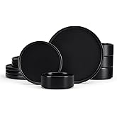 E-far Stoneware Dinnerware Sets, 12-Piece Plates and Bowls Dish Set for 4, Kitchen Modern Dinning Ware, Chip and Scratch Resistant, Microwave & Dishwasher Safe, Matte Black