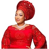 NJYFG Fashion African Autogele Headtie Nigeria Women Head Wraps Already Made Wedding Geles (red)