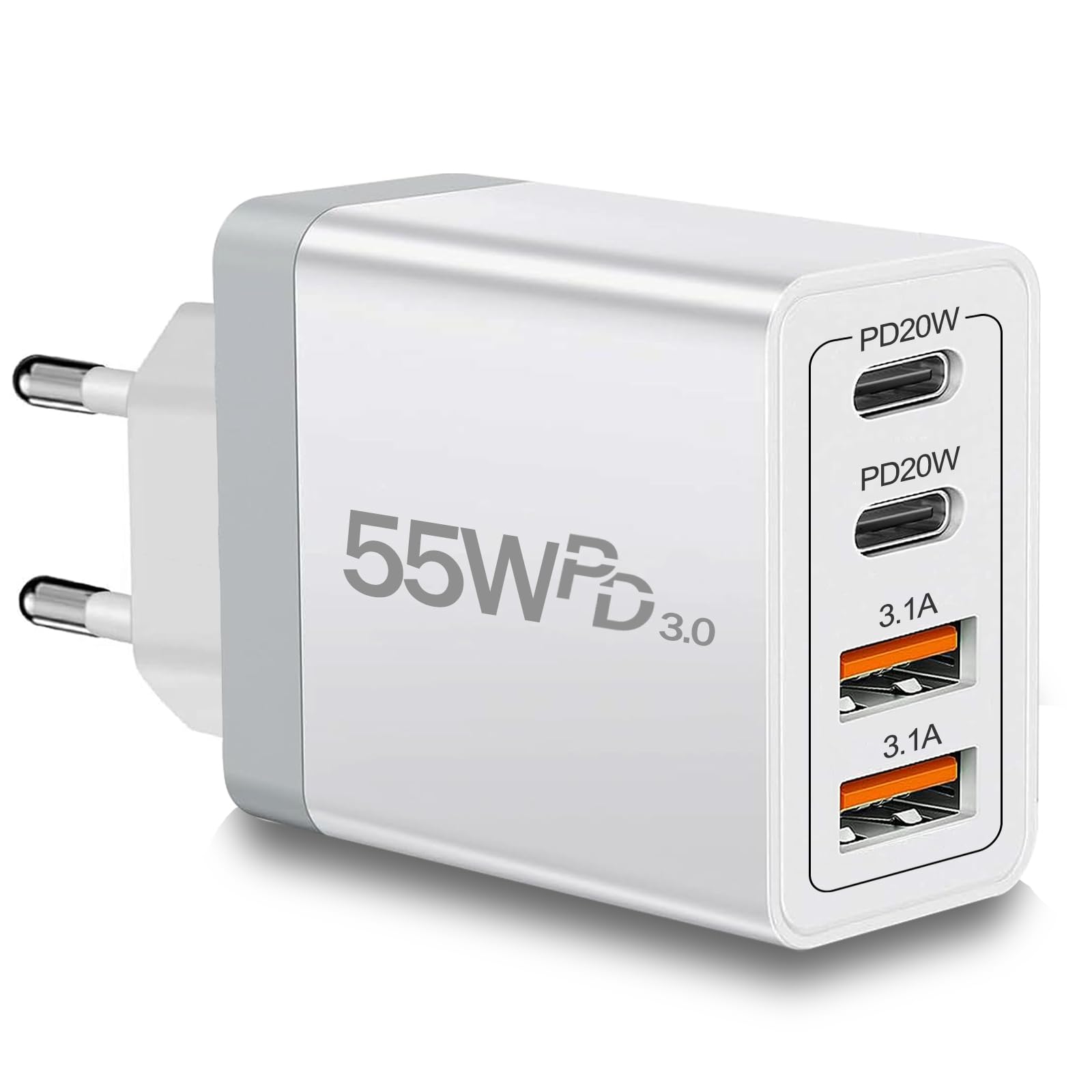 Photo 1 of European Travel Plug Adapter USB C, 55W USB C European Charger 4-Port Fast Charger Type C Wall Charger USA to Europe Plug Adapter for iPhone 17 16 15 14 13 12 11 Pro Max X 8, Galaxy, Android