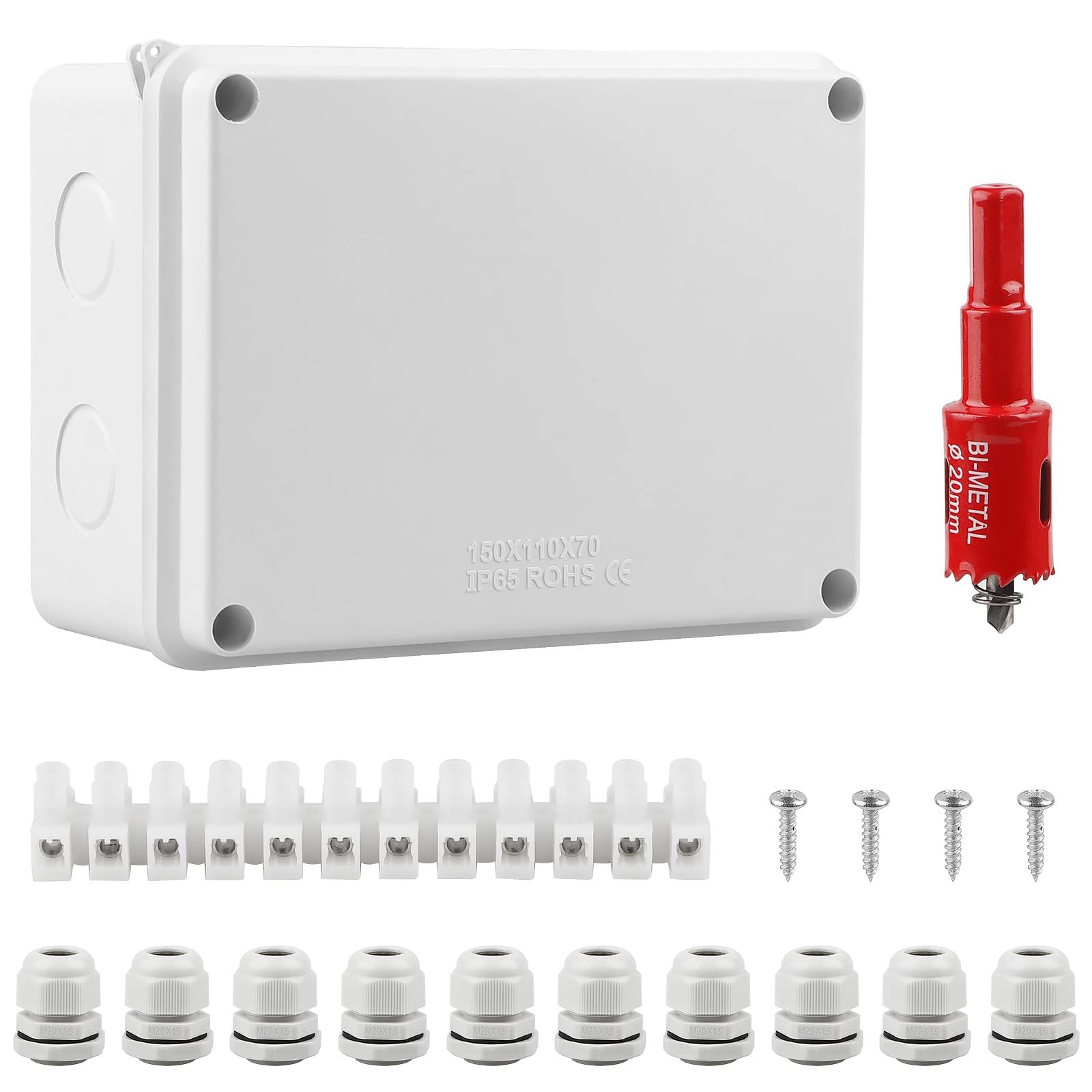 CPROSP Junction Box Waterproof IP65 Wet Room Boxes Surface-Mounted Junction Box 150 x 110 x 70 mm for Diameter 6-12 mm with 10 x Cable Glands with 20 mm Hole Saw