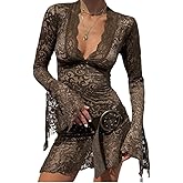 AIBEARTY Women's Sexy Sheer Mesh Lace Bodycon Dress Flared Long Sleeve V Neck Mini Dress Party Club Evening Dresses