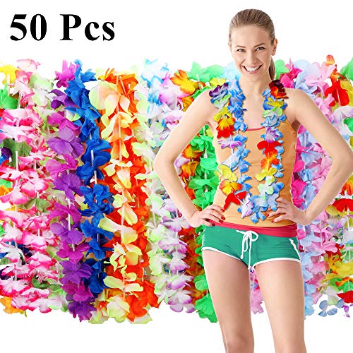 Hawaiian Leis FunToy 50 Counts Tropical Hawaiian Luau Flower Leis for Adults and Kids Party Favors (Soft Fabric) - Thumbnail 7