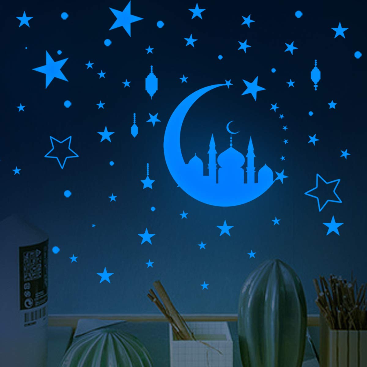 Luminous Space Wall Stickers, CAYUDEN 145 x Luminous Stars and Moon Stickers, Glow in The Dark Wall Stickers Fluorescent Wall Stickers for Children's Room, Baby, Bedroom, Ceiling Living Room