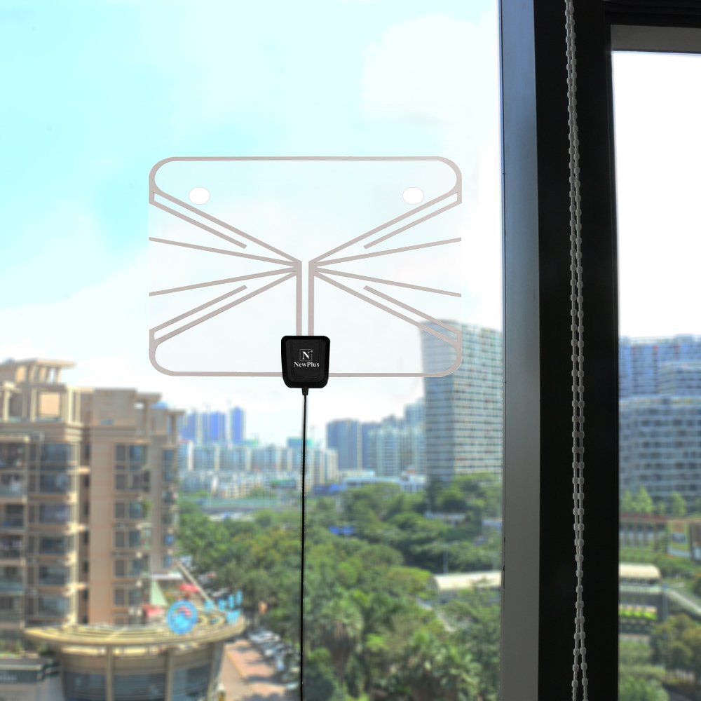 Indoor TV Antenna, NewPlus Transparent Amplified HDTV Antenna 50 Mile Range with Detachable Amplifier Signal Booster, USB PowerSupply, 16.5FT High Performance Coax Cable - Better Reception