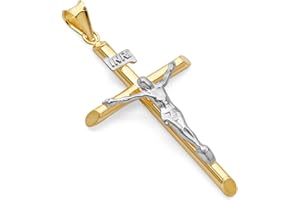 THE WORLD JEWELRY CENTER 14k REAL Two Tone Gold Religious Crucifix Jesus Cross Charm Pendant- 5 Different Size Available