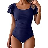 Eomenie Women's Tummy Control One Piece Swimsuit Ruffle Square Neck Bathing Suit Ruched Cutout Back Slimming Swimwear