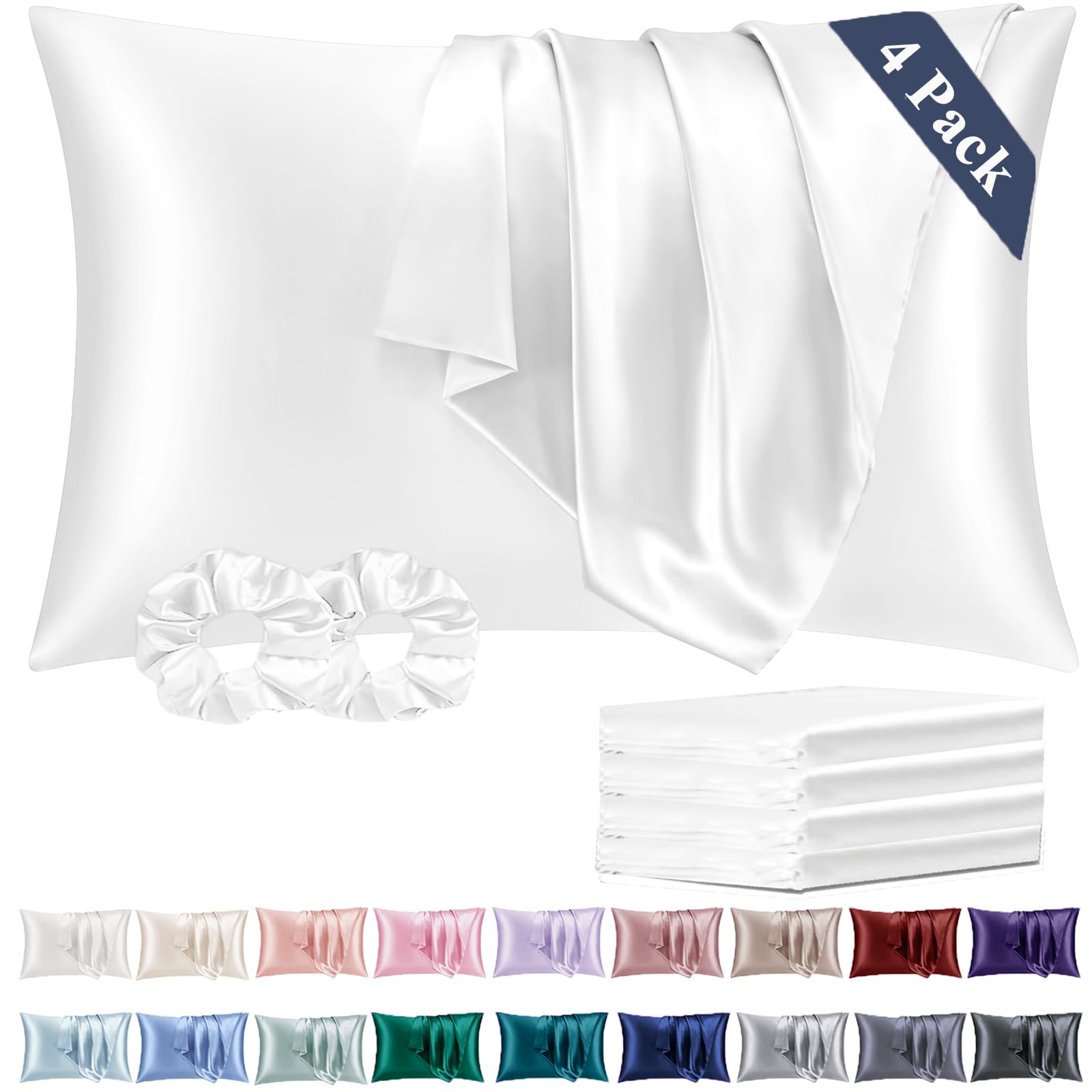 Vielit Satin Pillowcase for Hair and Skin Cooling,Soft as Silk Pillowcase for Hair and Skin,Easier Care than Silk Pillow Cases 4 Pack White 50x75cm Gifts for Women Envelope & 2 Scrunchies
