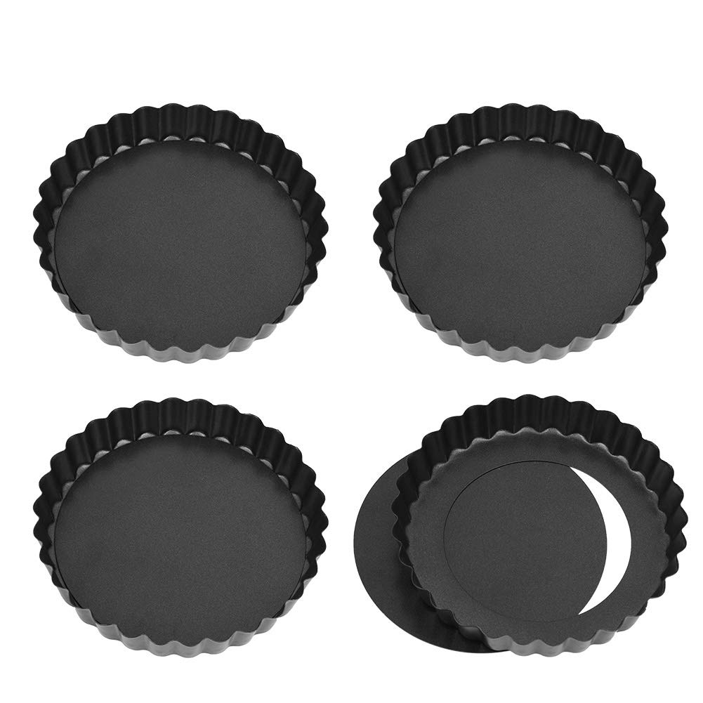 Xinzistar 4 Pack 12cm Tart Tins with Removable Loose Bottom, Non-Stick Mini Cake Tins Quiche Dishes Tart Pans, Round Egg Mould for Baking Cheesecakes (Black)