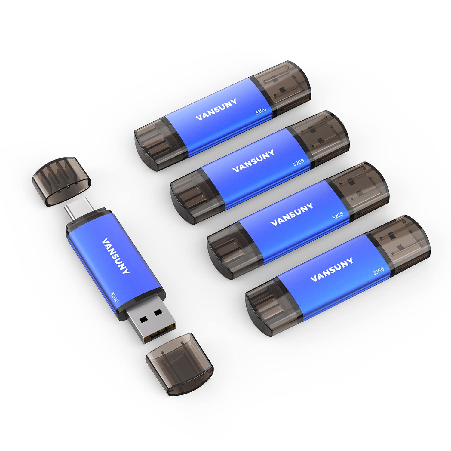Photo 1 of Vansuny 32GB 5 Pack USB Type-C Flash Drive 2-in-1 Dual USB A + Tape C OTG Flash Drive for Android Smartphone Tablet Computer Laptop (Blue)