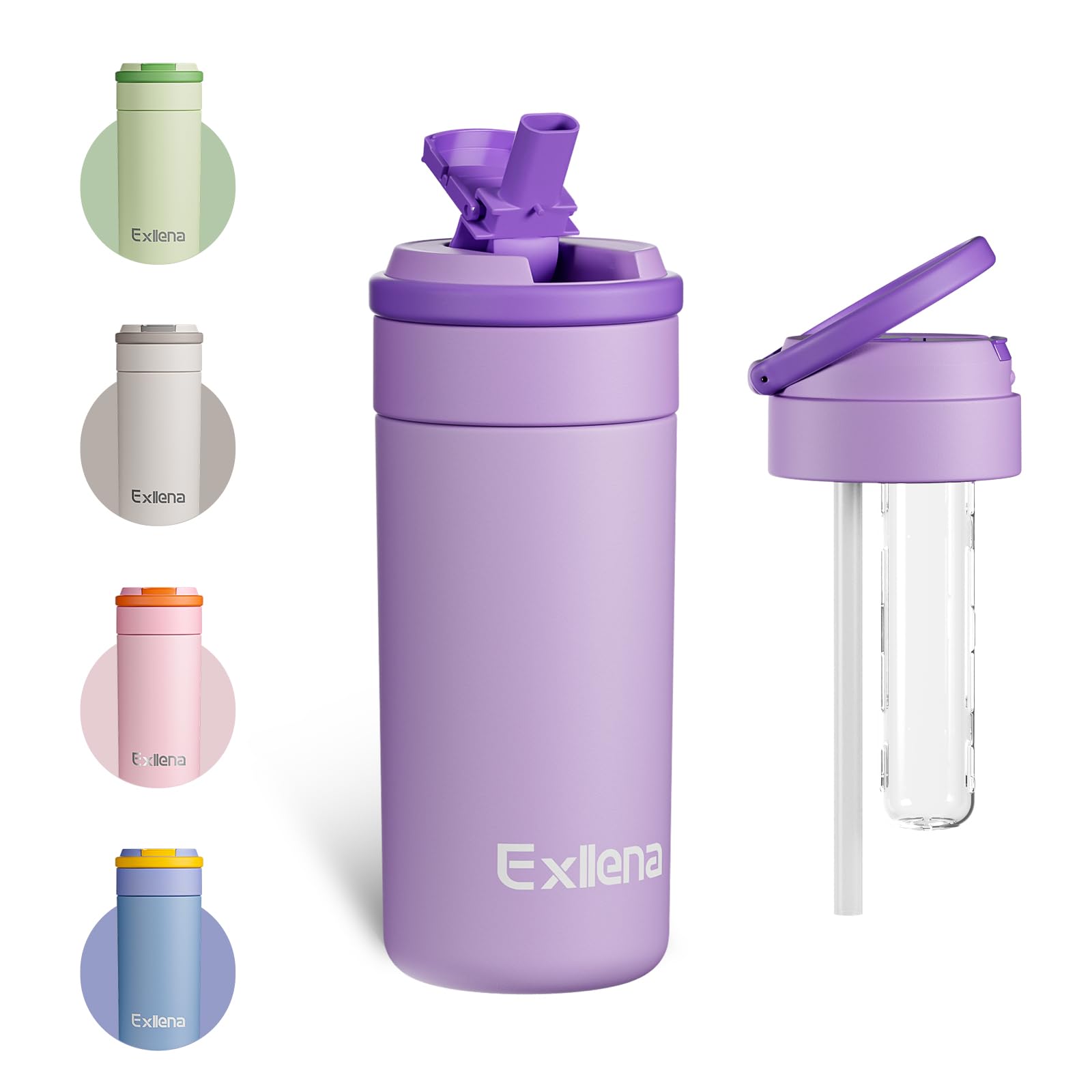 Exllena Insulated Water Bottles with Straw and Handle - 500ml - Leakproof - Creative and Practical Design, Stainless Steel Water Bottle for Hydration On-The-Go, Travel, School, Work, Sport...(Violet)