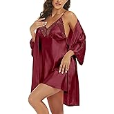 Women's Silk Pajama Sets Satin Robe with Nightgown 2 Piece Sleepwear Sexy Lace Cami Nightwear Kimono Bridesmaid Robes