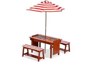 BRINJOY Kids Picnic Table with Umbrella, Outdoor Wooden Table & Bench Set w/Cushions & 2 Removable Boxes, 4-in-1 Children Sand and Water Activity Furniture w/Storage Cover for Patio, Garden
