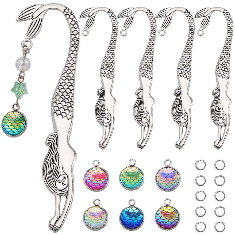 SUNNYCLUE 1 Box DIY 6 Sets Mermaid Bookmarks Making Kit Metal Bead Bookmark Metal Book Marks Alloy Bookmark Fish Scale Charms Ocean Summer Hawaii Bookmark Hooks for Bookmark Making Crafts Supplies