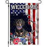 4th of July Garden Flag Decorations Outdoor Decor, Small Burlap Memorial Day Dachshund Dog Welcome Garden Flags 12x18 Double Sided for Outside, Patriotic Fourth of July Decorations Outdoor Home Decor