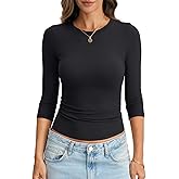 EasyGala Womens Cotton 3/4 Length Sleeve Tops Crew Neck Slim Fit Shirts Basic Going Out Tops Casual Spring Fashion 2026