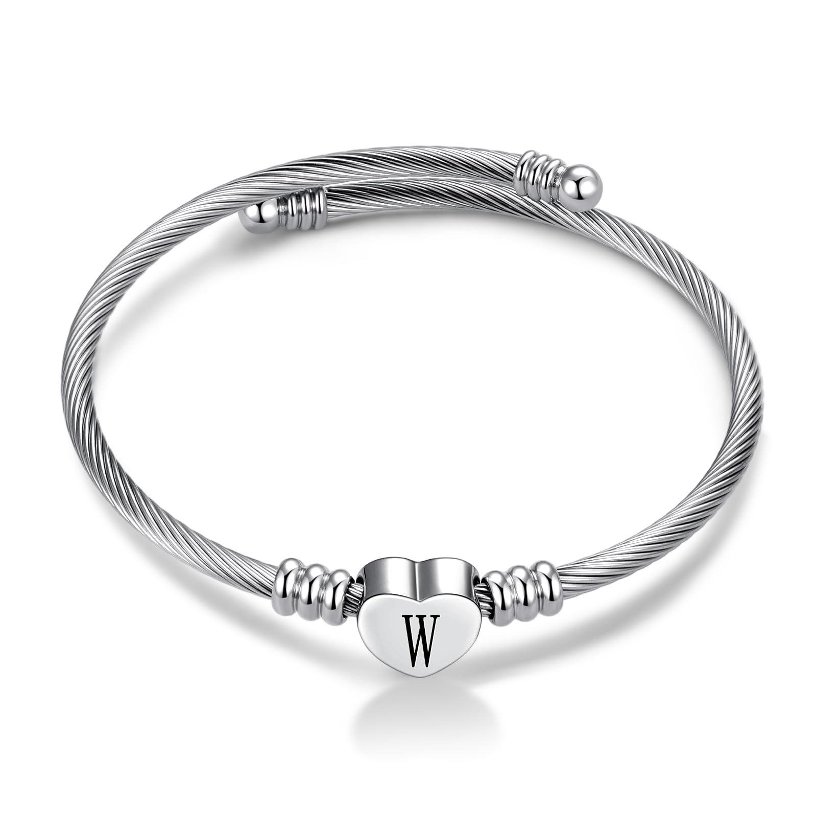 FGT W Initial Love Heart Letter Cuff Bangle Bracelets for Women Name Family Birthday Christmas Stainless Steel Alphabet Silver — image 1