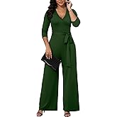 FANDEE Jumpsuit for Women|High Waisted Wide Leg Pant with Belt 3/4 Sleeve V Neck Casual Romper with Pocket