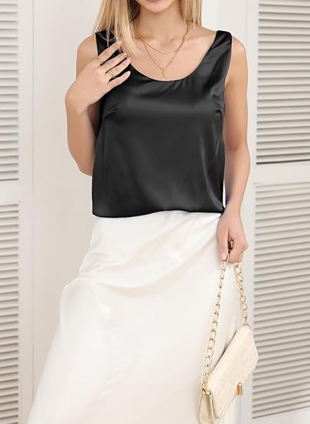 LUXVEER SILK TOPS FOR WOMEN DRESSY SCOOP NECK LAYERING TANKS CHIC SUMMER SLEEVELESS BLOUSES BLACK