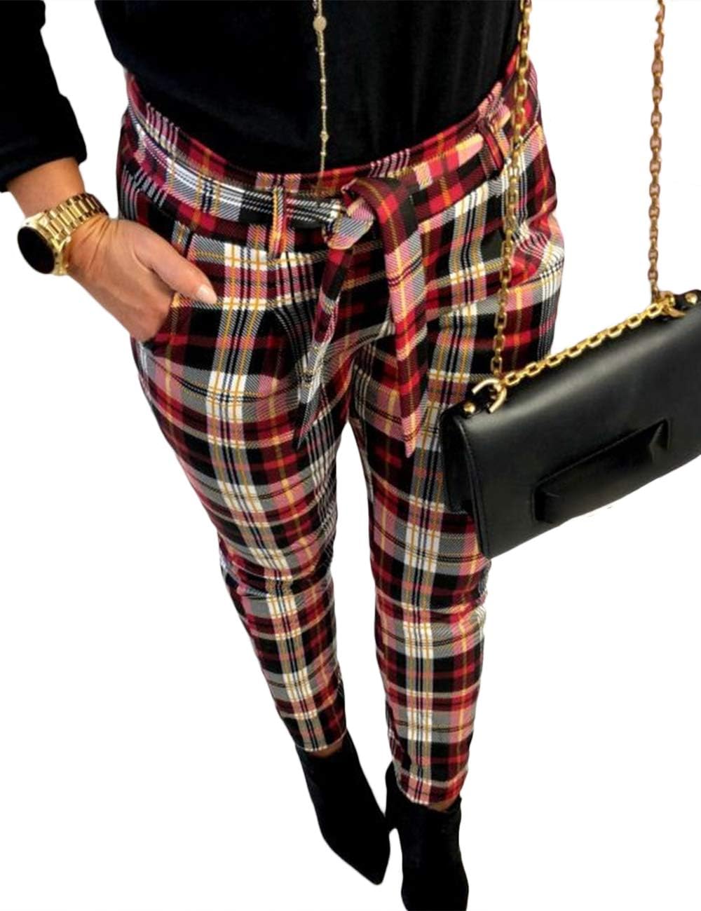 Women's Vintage High Rise Striped Tie Waist Leggings Trousers Ankle Length Plaid Belted Cropped Tartan Pants