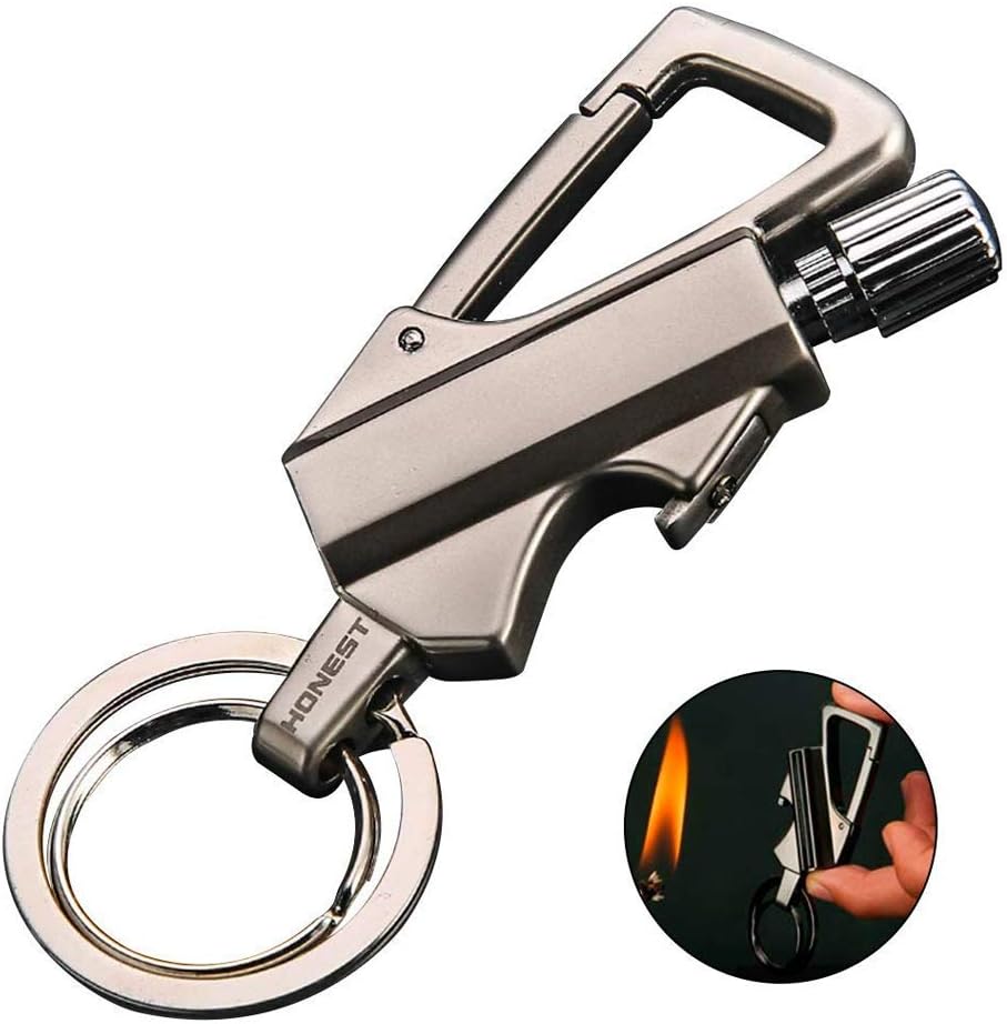 QIANGUANG Flint Metal Match Fire Starter and Bottle Opener Car Key Ring Kerosene Fillable Lighter Gift Male Female Outdoor Emergency Lifesaving Equipment（Kerosene not include）