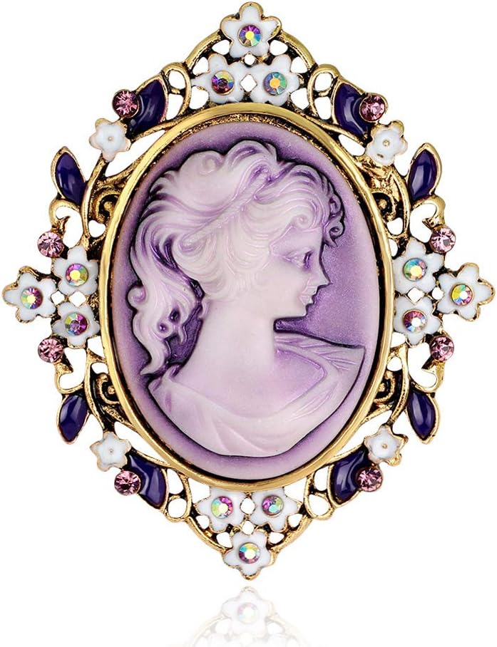 RareLove Vintage Gothic Costumes Mom Cameo Brooch Pin for Bouquet Lady Maiden Beauty Purple Crystal Carved
