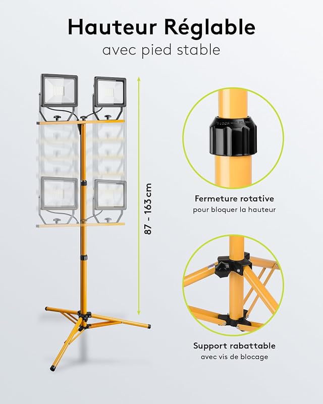 49984 Projecteur de Chantier LED télescopique Double tête pour Utilisation intérieure et extérieure Trépied en métal Blanc Froid, Jaune, 2x 50W