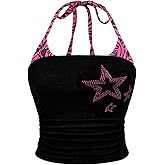 SOLY HUX Women's Plus Size Halter Tops Y2k Rhinestone Star Tie Backless Ruched Sleeveless Going Out Cami Crop Top