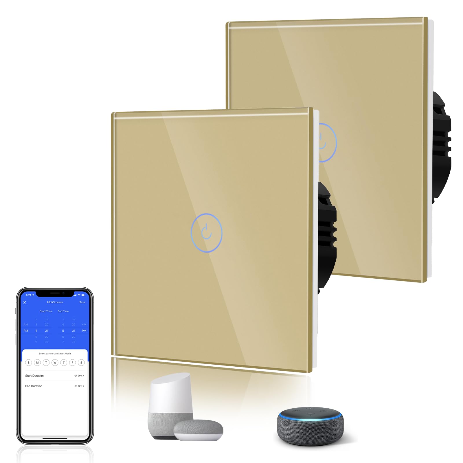 BSEED Smart Light Switch,Touch Switches for Lights,Glass Panel with Backlit,Works with Alexa & Google Assistant,Neutral Wire Required,1 Gang 2 Way(2 Pack),86mm Gold
