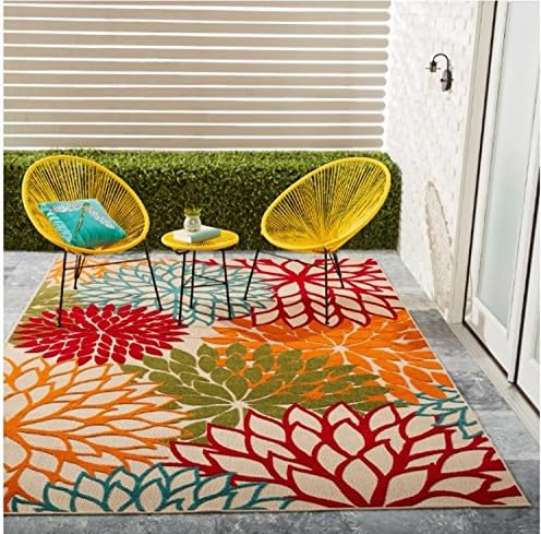 Vibrant Floral Pattern Area Rug, Featuring Tropical Garden Inspired Design, Colorful Stylish Chic Home Decor, Rectangle Indoor Outdoor Living Room Bedroom Dining Patio Carpet, Green, Size 5' 3 x 7' 5